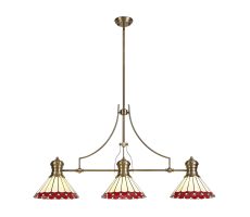 Adolfo 3 Light Linear Pendant E27 With 30cm Tiffany Shade, Antique Brass, Red, Cmozarella, Crystal