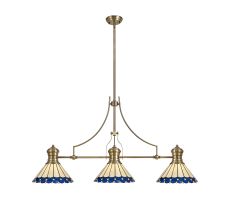 Adolfo 3 Light Linear Pendant E27 With 30cm Tiffany Shade, Antique Brass, Blue, Cream, Crystal
