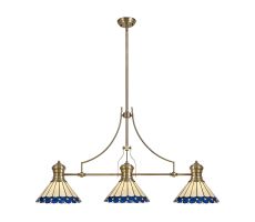 Adolfo 3 Light Linear Pendant E27 With 30cm Tiffany Shade, Antique Brass, Blue, Cmozarella, Crystal