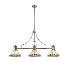 Adolfo 3 Light Linear Pendant E27 With 30cm Tiffany Shade, Polished Nickel, Grey, Cream, Crystal