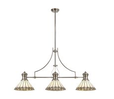 Adolfo 3 Light Linear Pendant E27 With 30cm Tiffany Shade, Polished Nickel, Grey, Cmozarella, Crystal