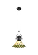 Adolfo 1 Light Pendant E27 With 30cm Tiffany Shade, Matt Black/Green/Cream/Crystal