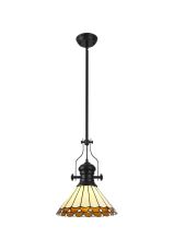 Adolfo 1 Light Pendant E27 With 30cm Tiffany Shade, Matt Black/Amber/Cream/Crystal