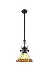 Adolfo 29.5cm 1 Light Pendant E27 With 30cm Tiffany Shade, Matt Black/Amber/Cmozarella/Crystal