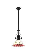 Adolfo 1 Light Pendant E27 With 30cm Tiffany Shade, Matt Black/Red/Cmozarella/Crystal