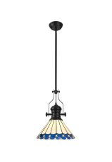 Adolfo 1 Light Pendant E27 With 30cm Tiffany Shade, Matt Black/Blue/Cream/Crystal
