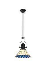 Adolfo 1 Light Pendant E27 With 30cm Tiffany Shade, Matt Black/Blue/Cmozarella/Crystal