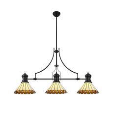 Adolfo 3 Light Linear Pendant E27 With 30cm Tiffany Shade, Matt Black, Amber, Cream, Crystal