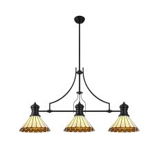 Adolfo 3 Light Linear Pendant E27 With 30cm Tiffany Shade, Matt Black, Amber, Cmozarella, Crystal