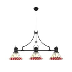 Adolfo 3 Light Linear Pendant E27 With 30cm Tiffany Shade, Matt Black, Red, Cmozarella, Crystal