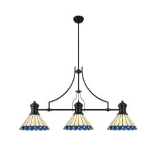 Adolfo 3 Light Linear Pendant E27 With 30cm Tiffany Shade, Matt Black, Blue, Cream, Crystal