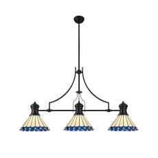 Adolfo 3 Light Linear Pendant E27 With 30cm Tiffany Shade, Matt Black, Blue, Cmozarella, Crystal