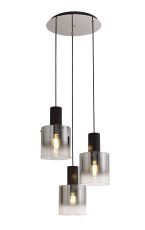 Nu Blok Round Pendant, 3 Light Adjustable E27, Black/Smoke Fade Glass