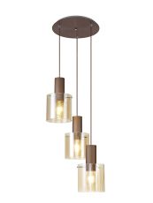 Nu Blok Round Pendant, 3 Light Adjustable E27, Mocha/Amber Fade Glass