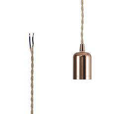 Briciole 4.7cm E27 Lampholder Rose Gold With 3m Rose Gold Braided Twisted Cable & Deeper Shade Ring, Suitable For Shades & Cages