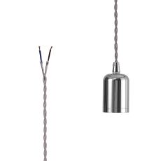 Briciole 4.7cm E27 Lampholder Chrome With 3m Silver Braided Twisted Cable & Deeper Shade Ring, Suitable For Shades & Cages