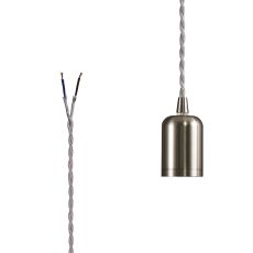 Briciole 4.7cm E27 Lampholder Brushed Nickel With 3m Silver Braided Twisted Cable & Deeper Shade Ring, Suitable For Shades & Cages