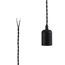 Briciole 4.7cm E27 Lampholder Black With 3m Black Braided Twisted Cable & Deeper Shade Ring, Suitable For Shades & Cages