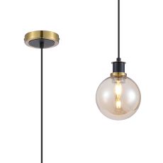 Jestero 1.3m Pendant, 1 Light E14 With 15cm Round Glass Shade, Brass, Amber Plated & Satin Black