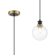 Jestero 1.3m Pendant, 1 Light E14 With 15cm Round Glass Shade, Brass, Clear & Satin Black