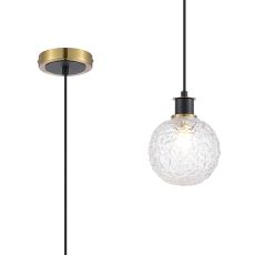 Jestero 1.3m Pendant, 1 Light E14 With 15cm Round Textured Crumple Glass Shade, Brass, Clear & Satin Black