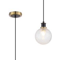 Jestero 1.3m Pendant, 1 Light E14 With 15cm Round Dimpled Glass Shade, Brass, Clear & Satin Black