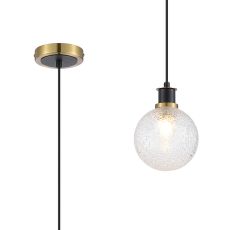 Jestero 1.3m Pendant, 1 Light E14 With 15cm Round Dimpled Glass Shade, Brass, Clear & Satin Black