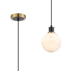 Jestero 1.3m Pendant, 1 Light E14 With 15cm Round White & Grey Marble Effect Glass Shade, Brass & Satin Black Framework