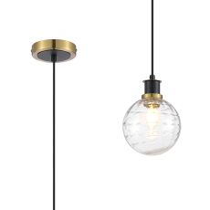 Jestero 1.3m Pendant, 1 Light E14 With 15cm Round Textured Melting Glass Shade, Brass, Clear & Satin Black