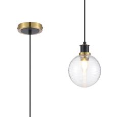 Jestero 1.3m Pendant, 1 Light E14 With 15cm Round Ribbed Glass Shade, Brass, Clear & Satin Black