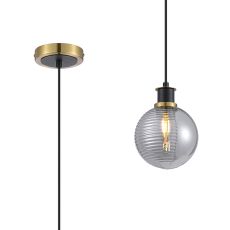 Jestero 1.3m Pendant, 1 Light E14 With 15cm Round Double Textured Smooth / Ribbed Glass Shade, Brass, Smoke Plated & Satin Black
