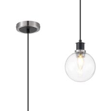 Jestero 1.3m Pendant, 1 Light E14 With 15cm Round Glass Shade, Satin Nickel, Clear & Satin Black