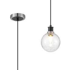 Jestero 1.3m Pendant, 1 Light E14 With 15cm Round Crackled Glass Shade, Satin Nickel, Clear & Satin Black