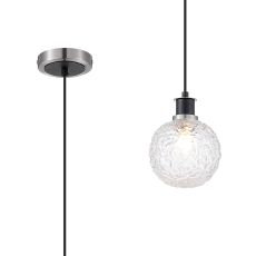 Jestero 1.3m Pendant, 1 Light E14 With 15cm Round Textured Crumple Glass Shade, Satin Nickel, Clear & Satin Black