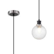 Jestero 1.3m Pendant, 1 Light E14 With 15cm Round Textured Diamond Pattern Glass Shade, Satin Nickel, Clear & Satin Black