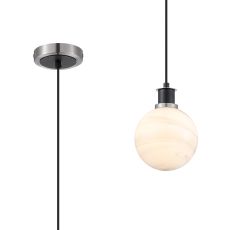 Jestero 1.3m Pendant, 1 Light E14 With 15cm Round White & Grey Marble Effect Glass Shade, Satin Nickel & Satin Black Framework