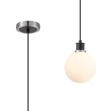 Jestero 1.3m Pendant, 1 Light E14 With 15cm Round Glass Shade, Satin Nickel, Opal & Satin Black