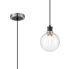 Jestero 1.3m Pendant, 1 Light E14 With 15cm Round Ribbed Glass Shade, Satin Nickel, Clear & Satin Black