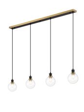 Jestero 1.3m Linear Pendant, 4 Light E14 With 15cm Round Glass Shade, Brass, Clear & Satin Black