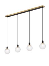 Jestero 1.3m Linear Pendant, 4 Light E14 With 15cm Round Textured Crumple Glass Shade, Brass, Clear & Satin Black