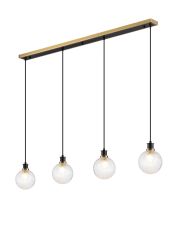 Jestero 1.3m Linear Pendant, 4 Light E14 With 15cm Round Dimpled Glass Shade, Brass, Clear & Satin Black