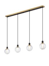Jestero 1.3m Linear Pendant, 4 Light E14 With 15cm Round Textured Melting Glass Shade, Brass, Clear & Satin Black