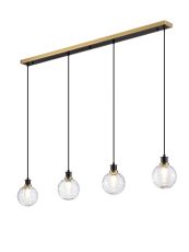 Jestero 1.3m Linear Pendant, 4 Light E14 With 15cm Round Textured Melting Glass Shade, Brass, Clear & Satin Black