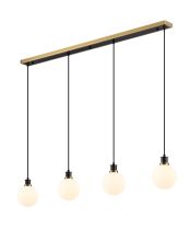 Jestero 1.3m Linear Pendant, 4 Light E14 With 15cm Round Glass Shade, Brass, Opal & Satin Black