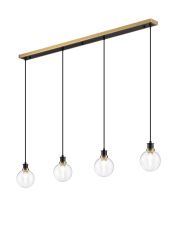 Jestero 1.3m Linear Pendant, 4 Light E14 With 15cm Round Ribbed Glass Shade, Brass, Clear & Satin Black