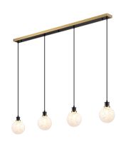 Jestero 1.3m Linear Pendant, 4 Light E14 With 15cm Round Speckled Glass Shade, Brass, White & Satin Black