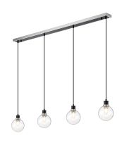 Jestero 1.3m Linear Pendant, 4 Light E14 With 15cm Round Glass Shade, Satin Nickel, Clear & Satin Black