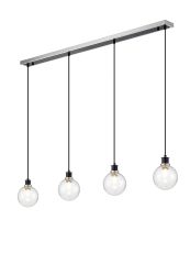 Jestero 1.3m Linear Pendant, 4 Light E14 With 15cm Round Crackled Glass Shade, Satin Nickel, Clear & Satin Black
