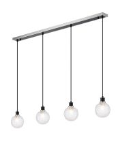 Jestero 1.3m Linear Pendant, 4 Light E14 With 15cm Round Textured Crumple Glass Shade, Satin Nickel, Clear & Satin Black