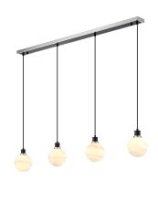 Jestero 1.3m Linear Pendant, 4 Light E14 With 15cm Round White & Grey Marble Effect Glass Shade, Satin Nickel & Satin Black Framework